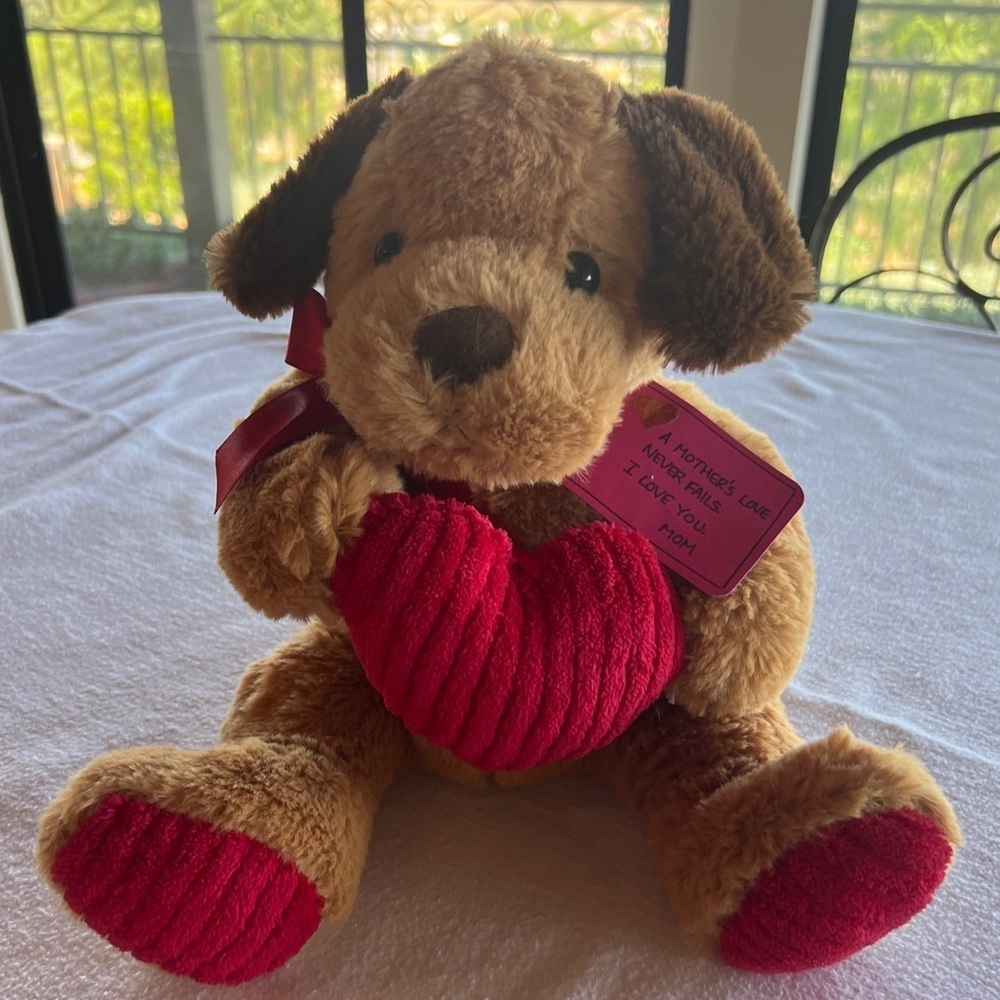 DanDee Soft Dog Plush Valentine’s Day Puppy Love Holding Red Ribbed Heart